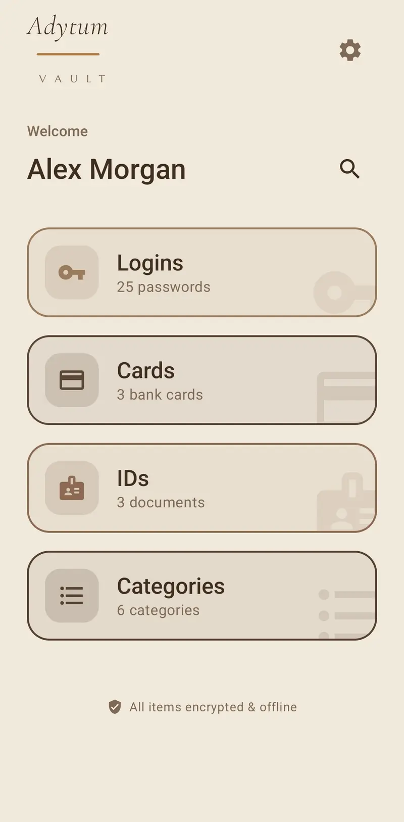 Adytum Vault home screen